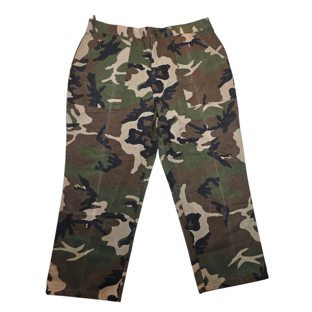 Mens Vintage Woodland Camo Utility Pants Straight Leg Cargo Trousers 39x28